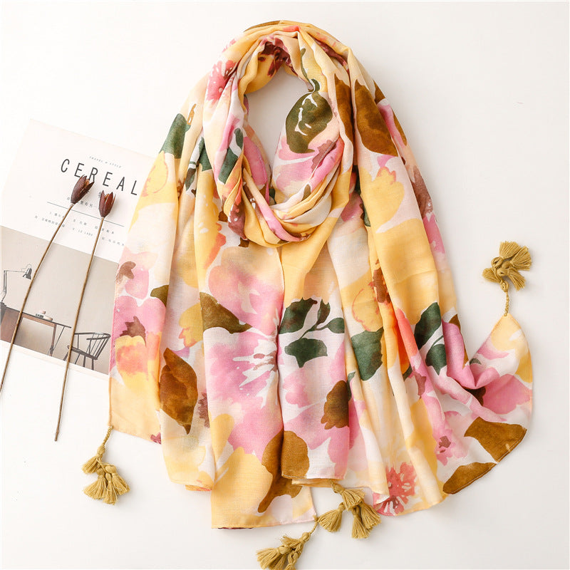 New Blooming Color Cotton And Linen Feel Scarf Soft Shawl - O Retalho