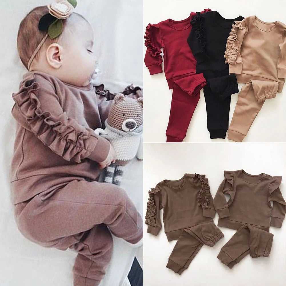 Newborn Baby Boys Girls Ruffles Jumper Solid Long Sleeve Sweatshirt Tops Pants Infant Kids 2Pcs Outfits Clothes Set Fall Clothes - O Retalho