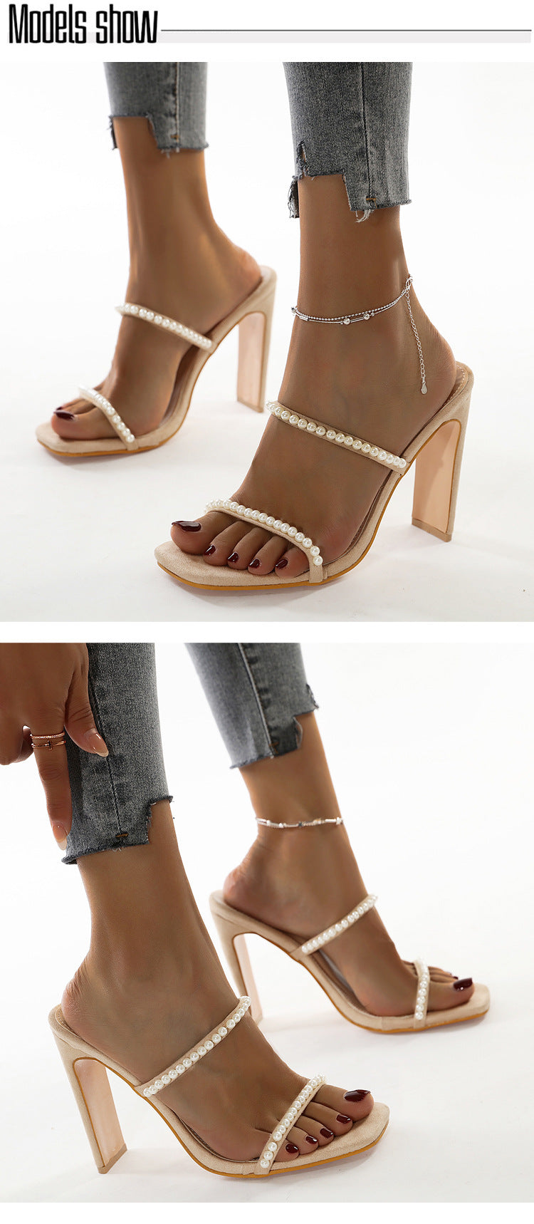 Fashion Beaded High Heel Square Toe Thick Heel Women Slippers - O Retalho