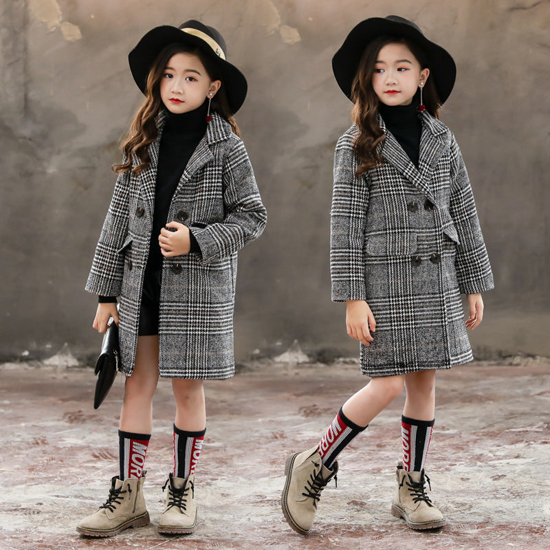Gray plaid houndstooth coat for girls - O Retalho
