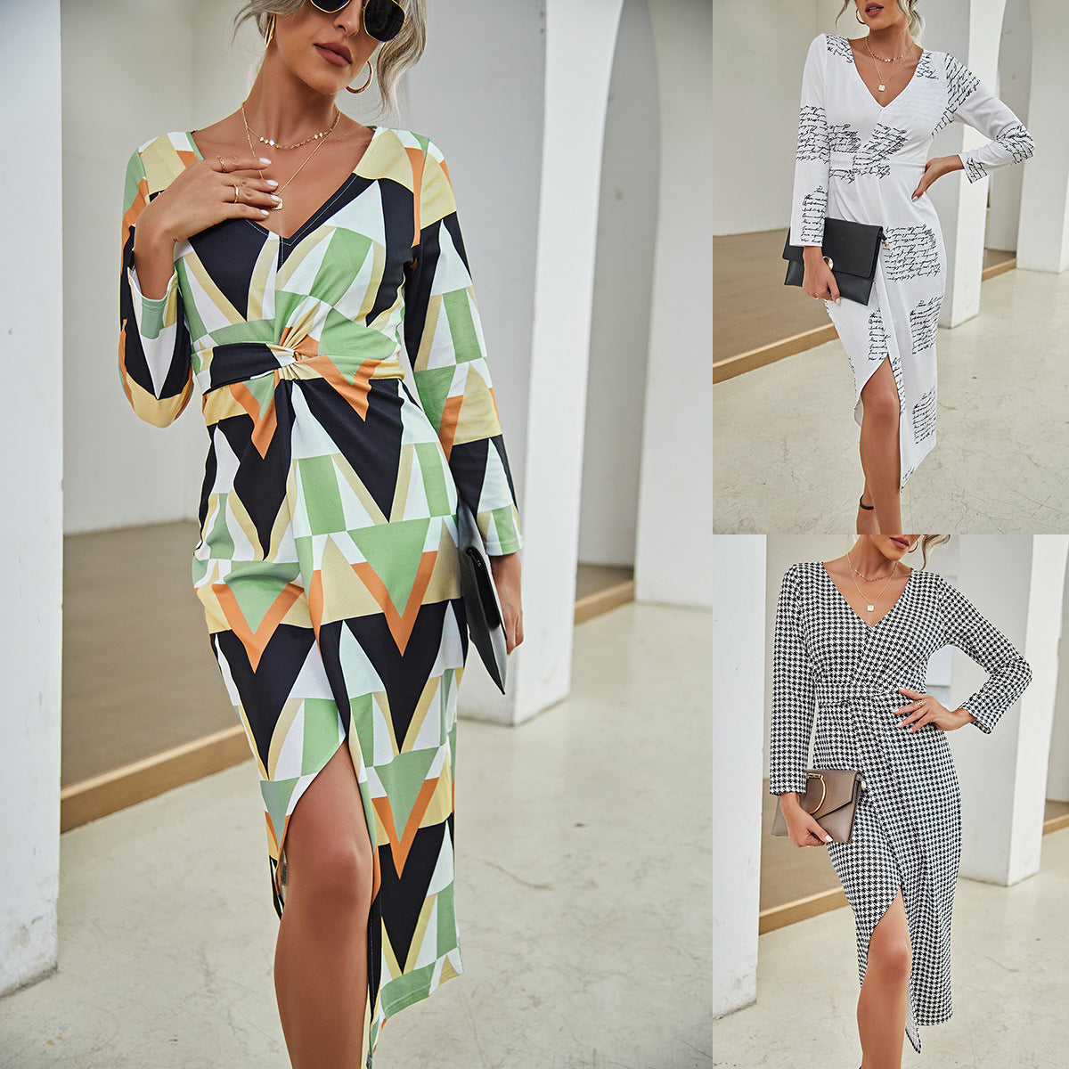 V-neck Long Sleeve Split Dress - O Retalho