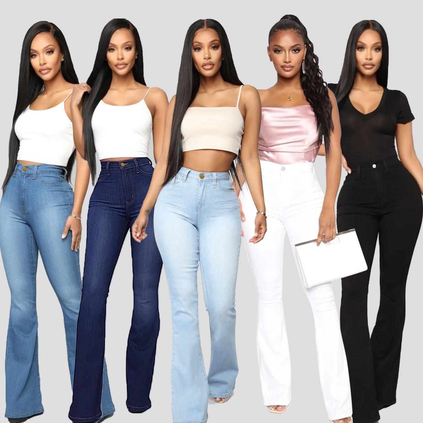 Calças Femininas Clássicas de Cintura Alta Slim Denim - O Retalho