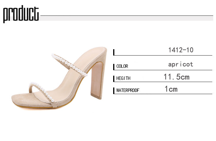 Fashion Beaded High Heel Square Toe Thick Heel Women Slippers - O Retalho