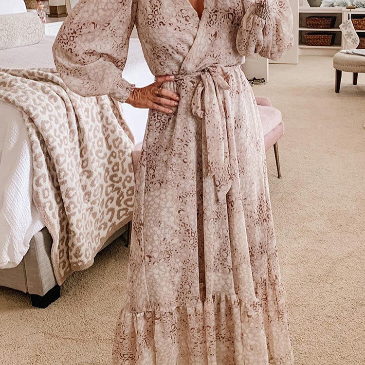 Leopard Print V Neck Long Sleeve Dress - O Retalho