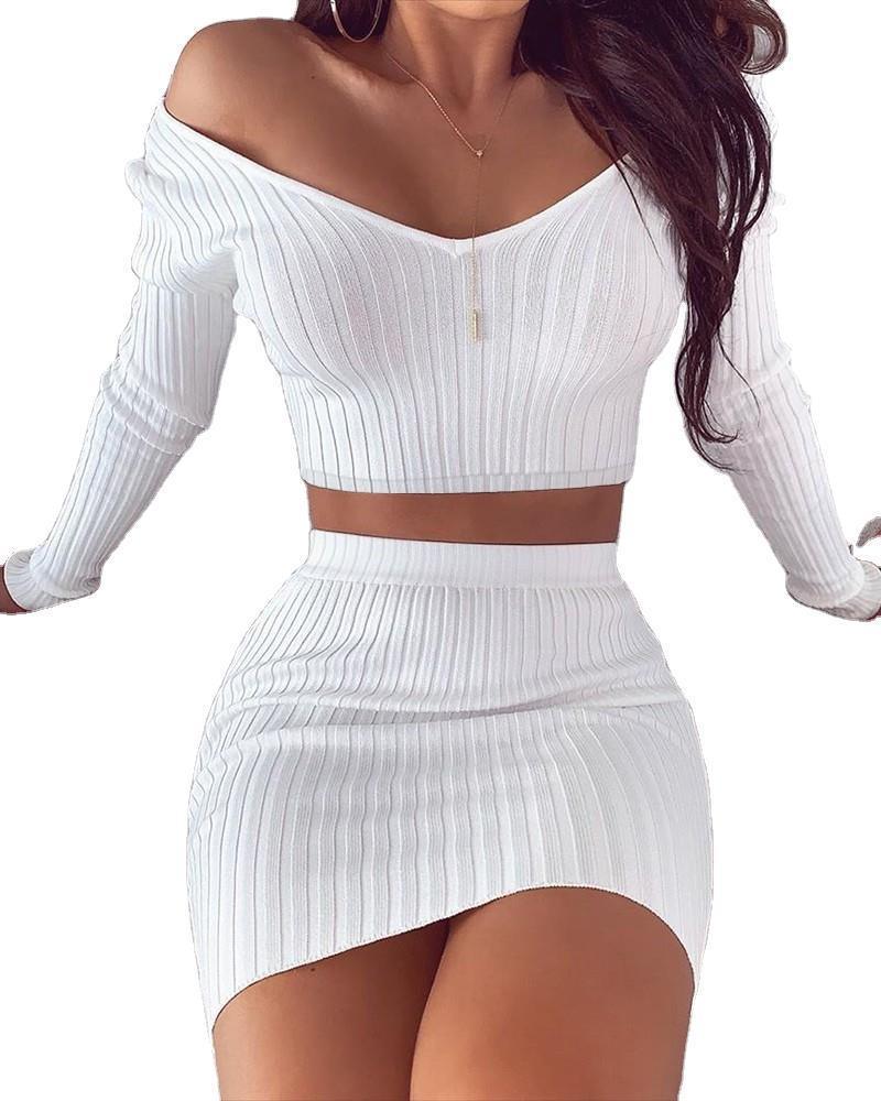 Saia com decote em V Adulto Senhora Como Mulher Estilo Manga Longa Saia Cor Sólida Terno - O Retalho