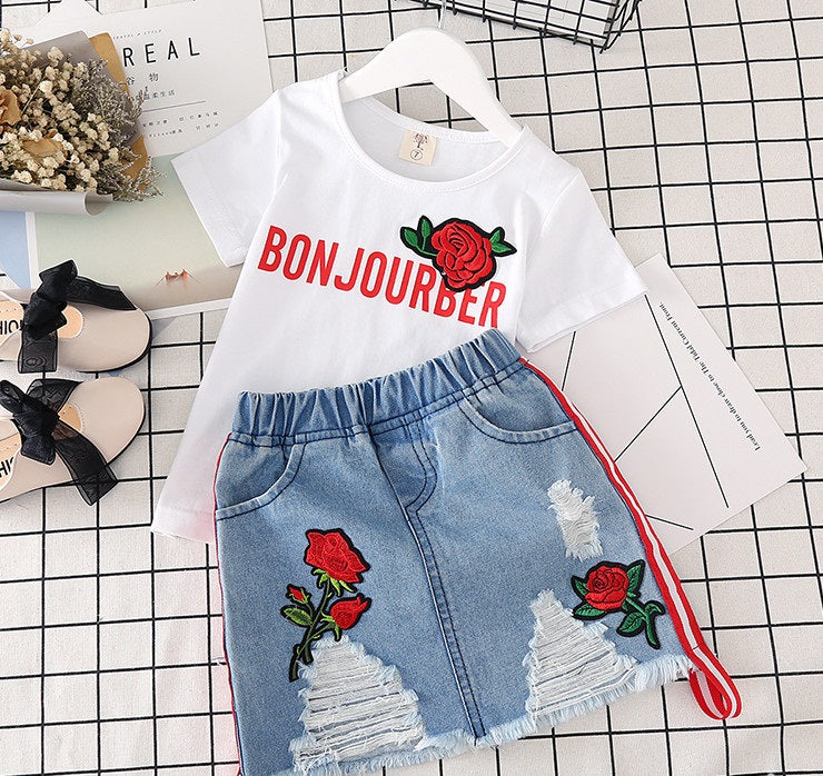 Roupas infantis para meninas camiseta branca, saia jeans - O Retalho