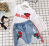 Roupas infantis para meninas camiseta branca, saia jeans - O Retalho