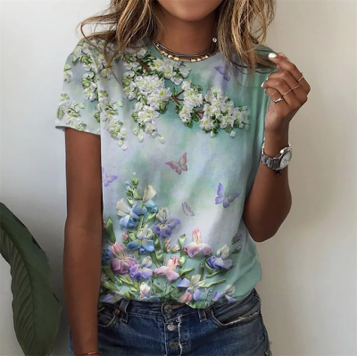 Blusa Feminina com Estampa Floral, Gola Redonda, Camiseta de Manga Curta - O Retalho