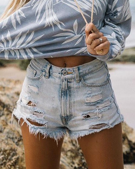 Shorts de jeans rasgado de cintura alta para mulheres - O Retalho