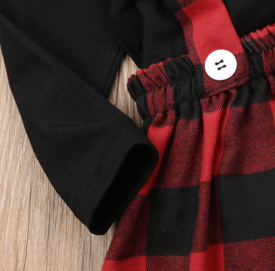 conjunto de manga comprida vestido de alça xadrez - O Retalho
