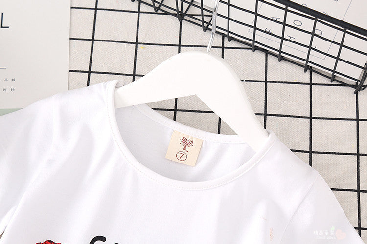 Roupas infantis para meninas camiseta branca, saia jeans - O Retalho
