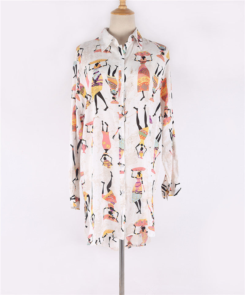 European And American Rayon Cartoon Printed Shirt-style Beach Cover-up - O Retalho