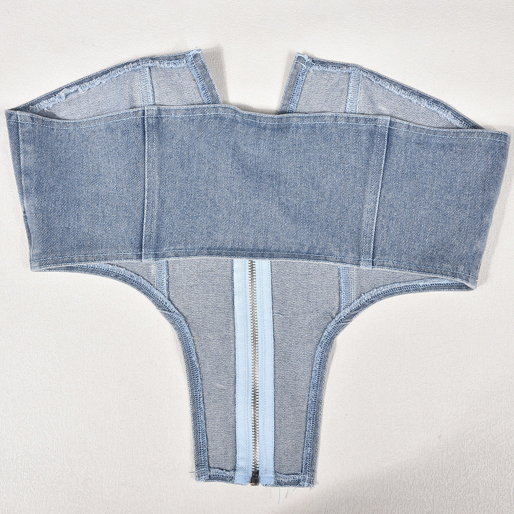 Top de tubo de jeans com zíper irregular - O Retalho