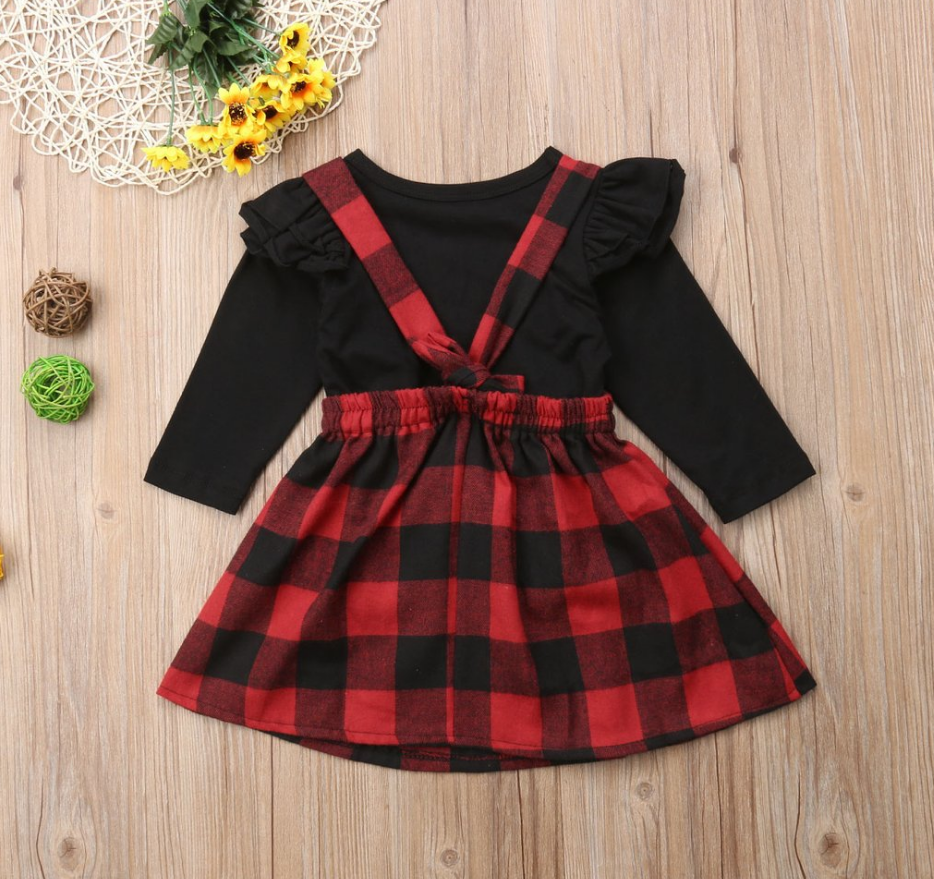 conjunto de manga comprida vestido de alça xadrez - O Retalho
