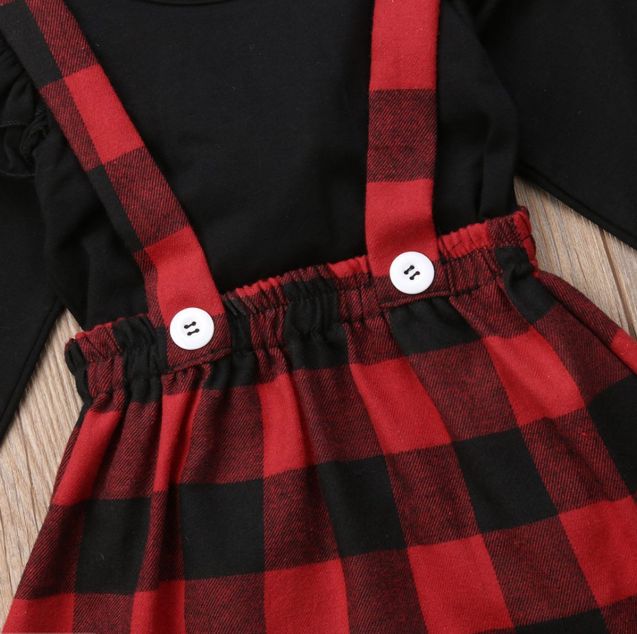 conjunto de manga comprida vestido de alça xadrez - O Retalho