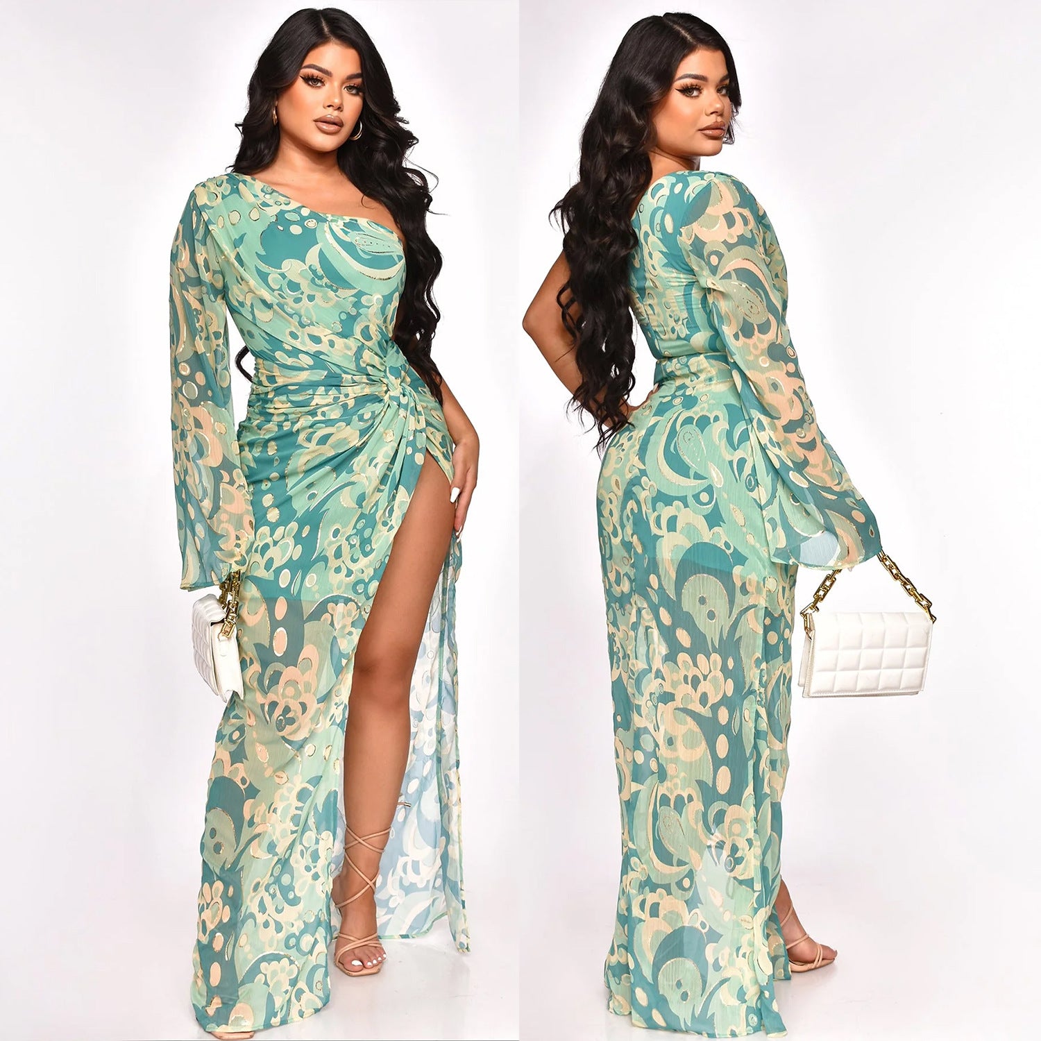 Vestido Irregular com Estampa de Um Ombro. - O Retalho