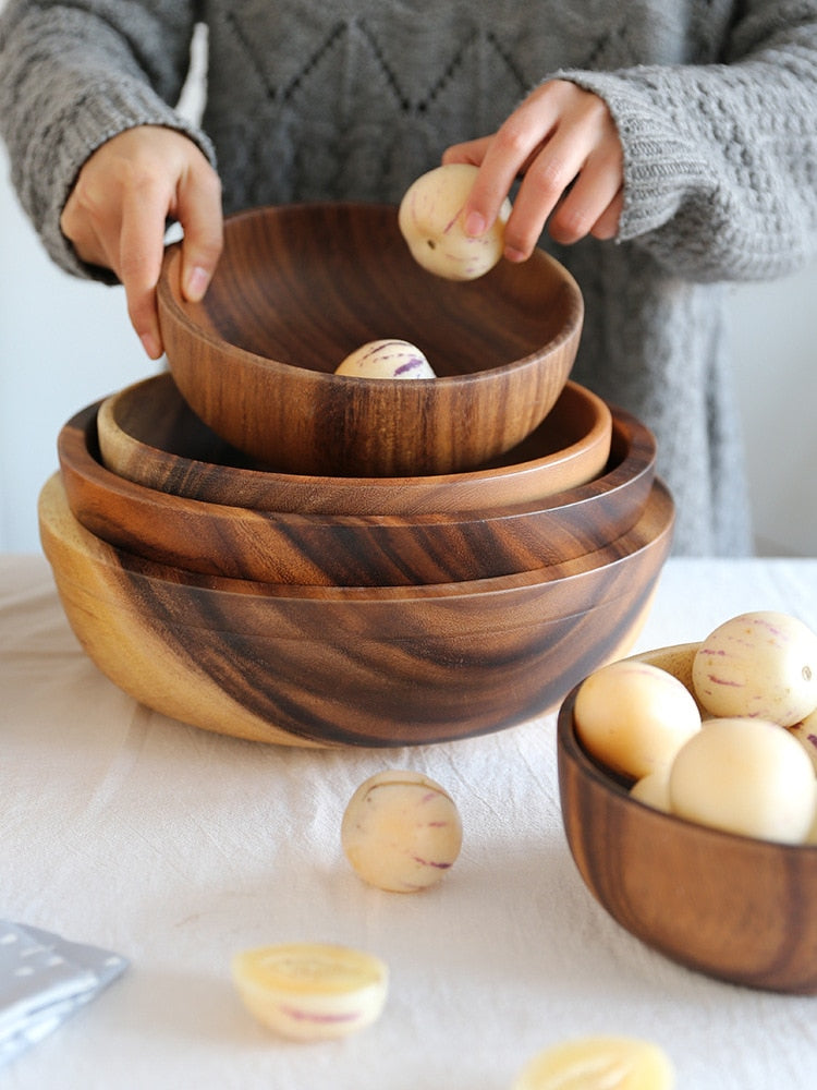 Tigela de madeira de acácia, utensílios de mesa de madeira de acácia. - O Retalho