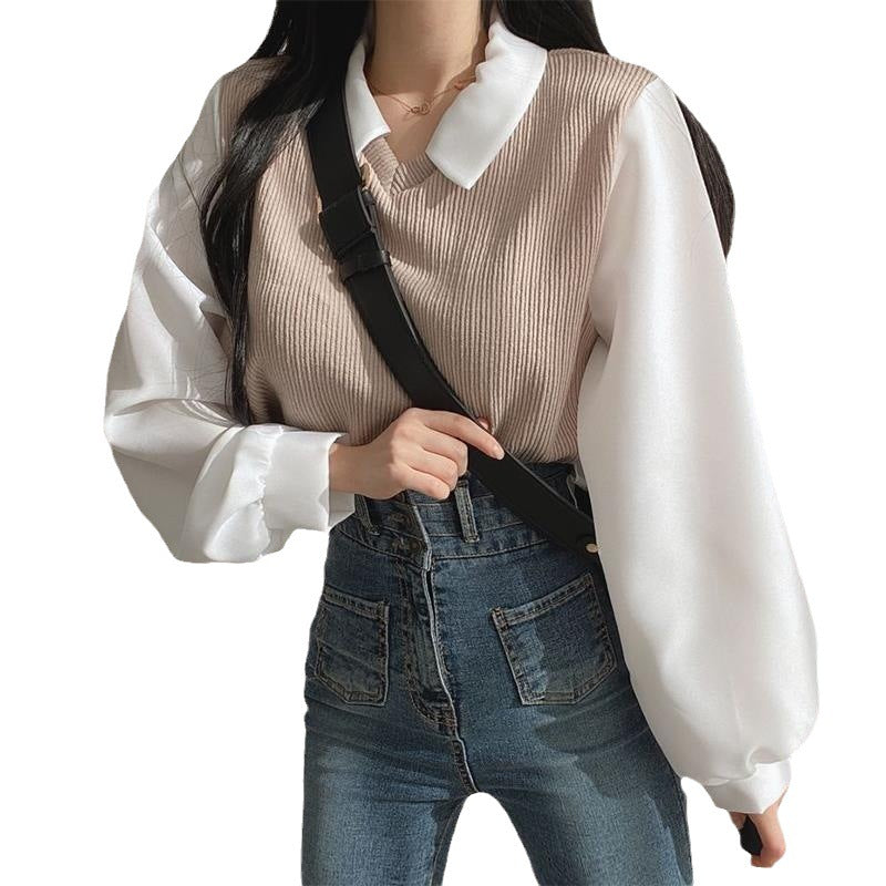 Patchwork Long Sleeve Loose Contrast Color And Versatile Top - O Retalho