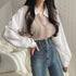 Patchwork Long Sleeve Loose Contrast Color And Versatile Top - O Retalho