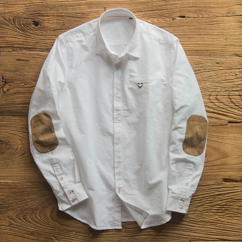 Elbow Patch Long Sleeve Shirt Men's Lapel Japanese-style Retro - O Retalho