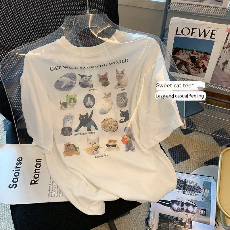 White Cartoon Print Short Sleeve Loose All-match - O Retalho