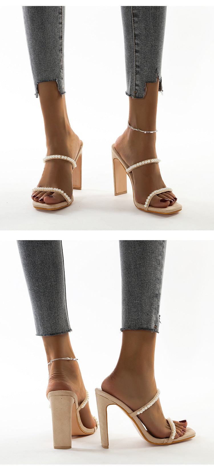Fashion Beaded High Heel Square Toe Thick Heel Women Slippers - O Retalho