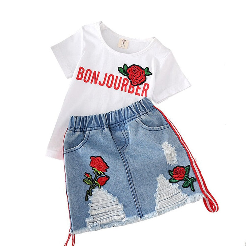 Roupas infantis para meninas camiseta branca, saia jeans - O Retalho
