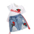 Roupas infantis para meninas camiseta branca, saia jeans - O Retalho