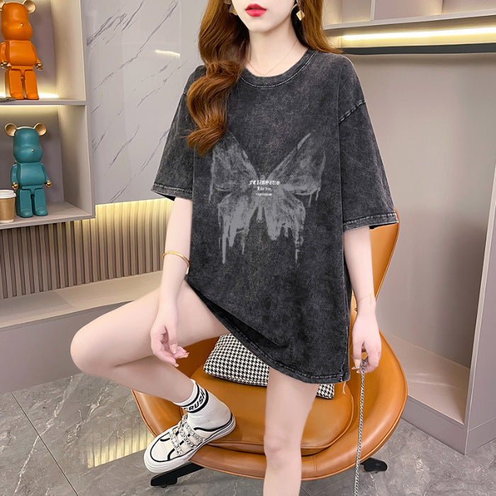 Pure Cotton Heel Wrapped Collar Washed Distressed Short-sleeved Top - O Retalho