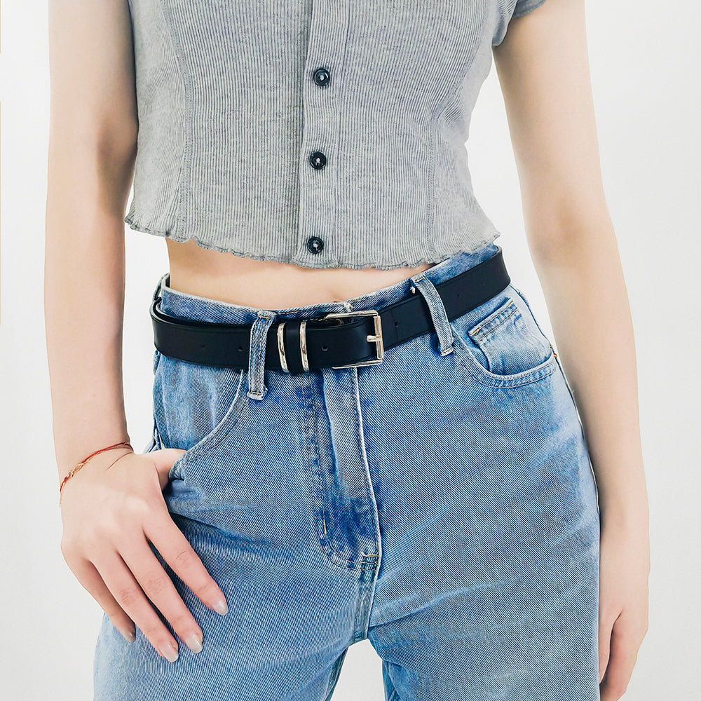 Men's And Women's Belts Simple Casual Retro Belt Metal Square Silver Button-head Fashion Collocation - O Retalho