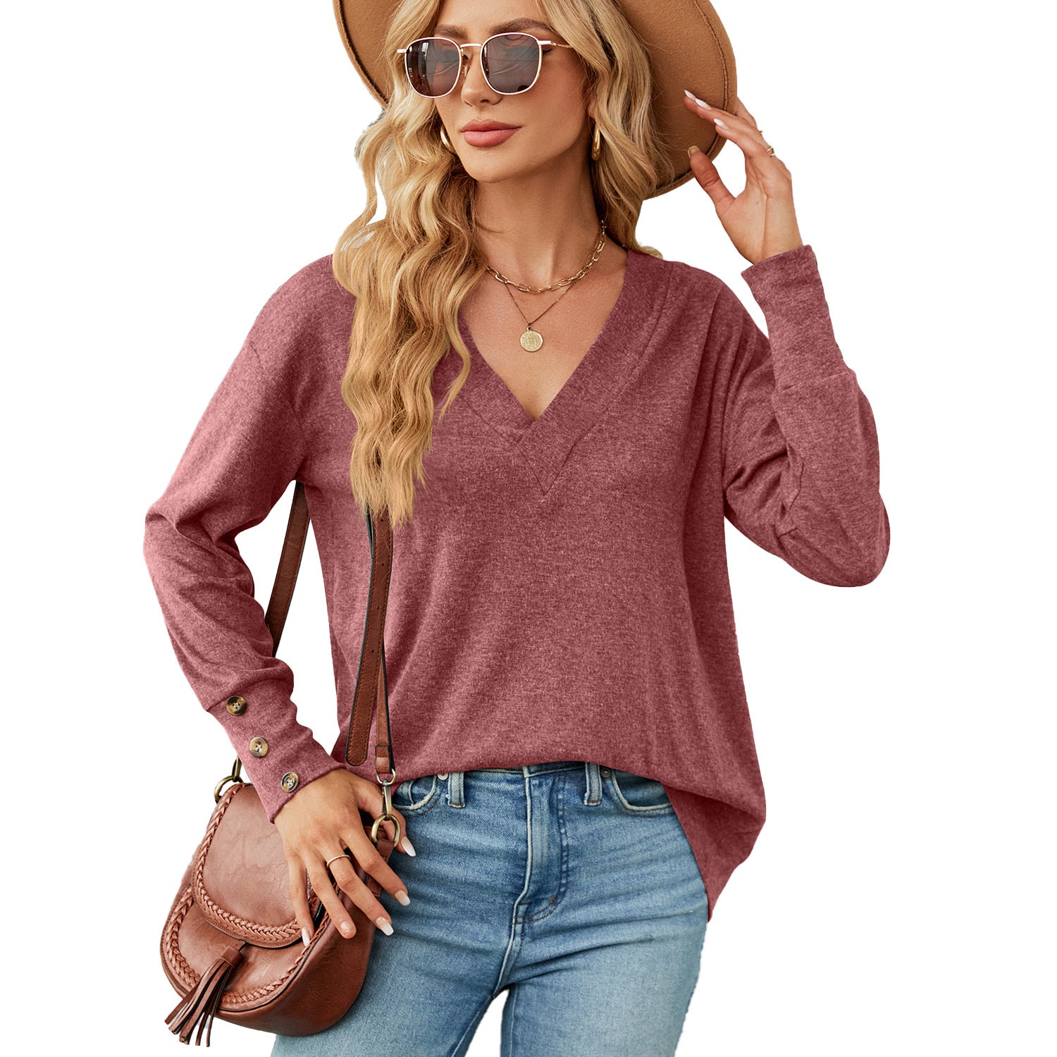 Top de camiseta de botão longo solto de cor sólida e decote em V - O Retalho