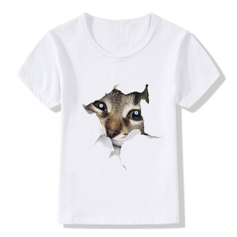 Camiseta infantil casual com estampa 3D de gato de manga curta - O Retalho