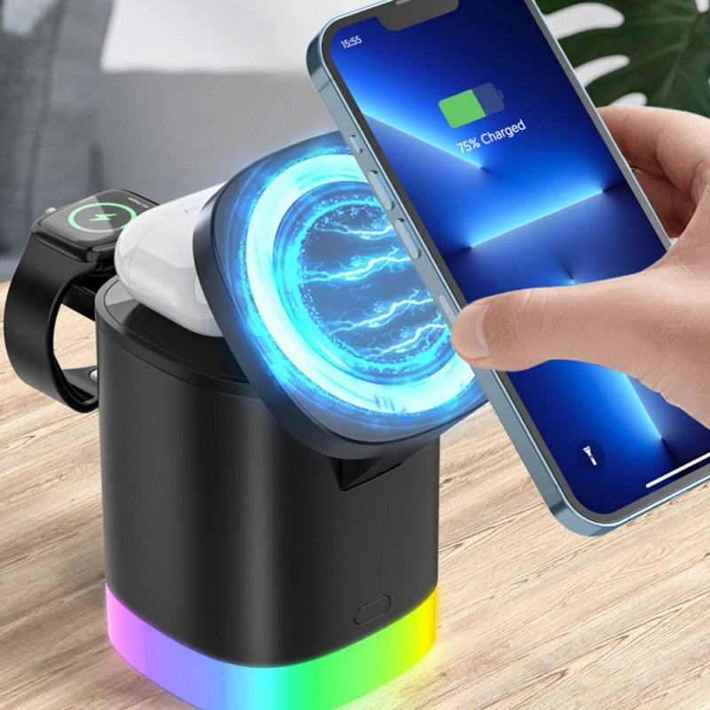 3 In 1 Magnetic Wireless Fast Charger For Smart Phone RGB Ambient Light Charging Station For Airpods IWatch - O Retalho