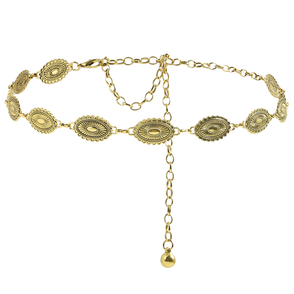 Retro National Style Carved Ancient Gold And Silver Metal Waist Chain Sexy Elegant Women's Dress Senior Sense Decorative Belt - O Retalho