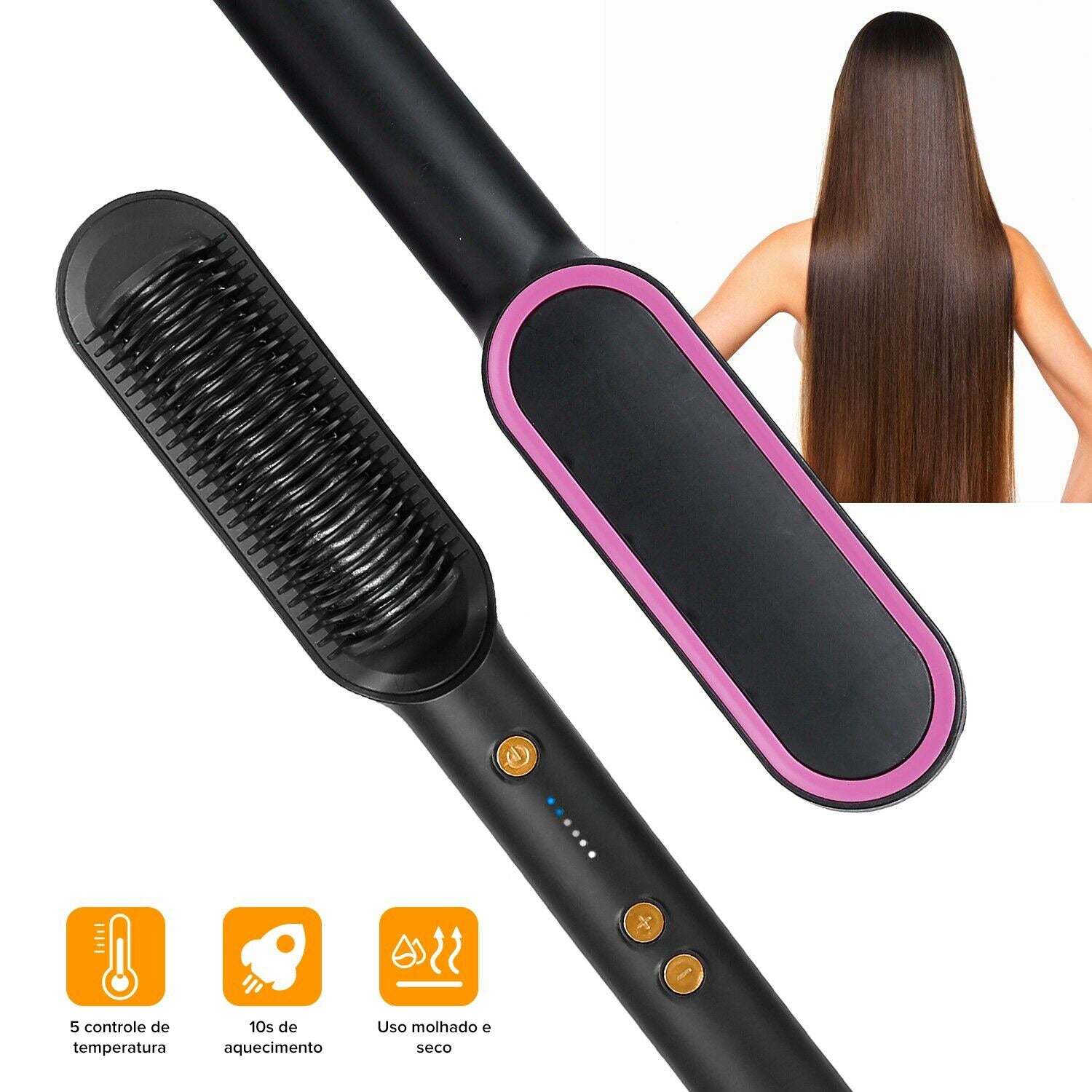 Escova Alisadora de Cabelo Elétrica 2 em 1 Pente Quente Ajuste Calor Encrespador