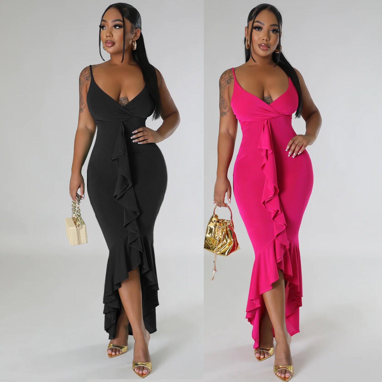 Vestido Irregular com Alças em V e Franjas para Mulheres. - O Retalho