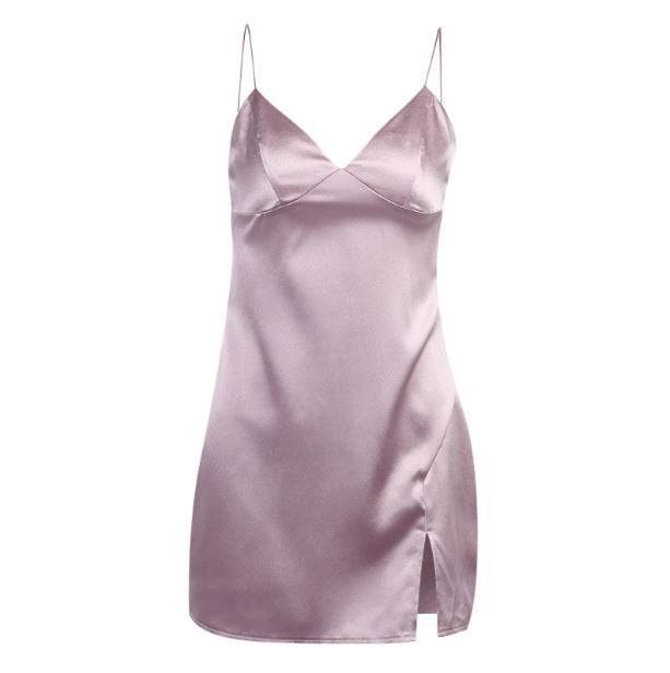 🌸Vestido com Alça de Cetim em Cor Sólida e Pequena Fenda🌸 - O Retalho