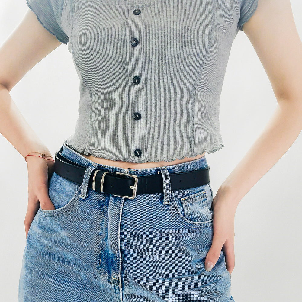 Men's And Women's Belts Simple Casual Retro Belt Metal Square Silver Button-head Fashion Collocation - O Retalho