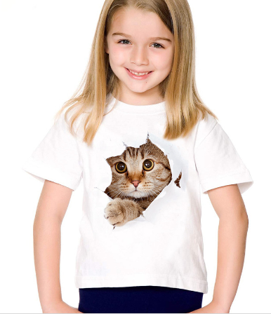 Camiseta infantil casual com estampa 3D de gato de manga curta - O Retalho