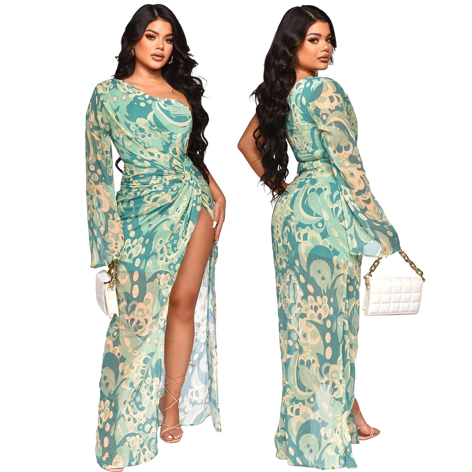 Vestido Irregular com Estampa de Um Ombro. - O Retalho
