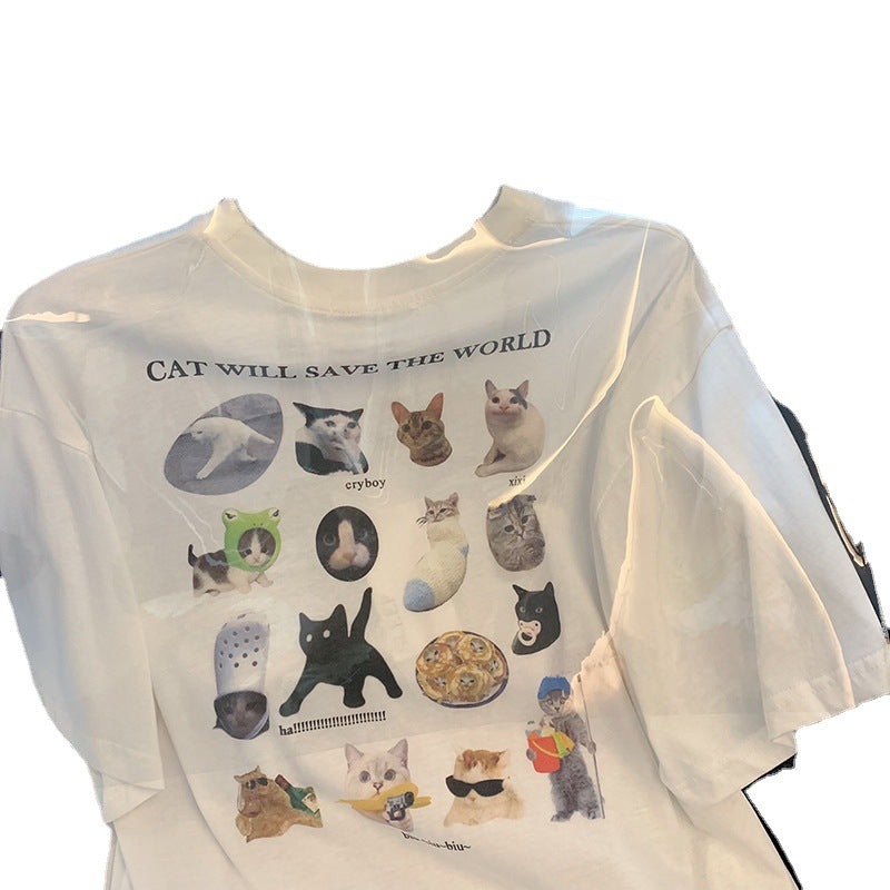 White Cartoon Print Short Sleeve Loose All-match - O Retalho