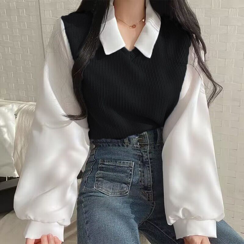 Patchwork Long Sleeve Loose Contrast Color And Versatile Top - O Retalho
