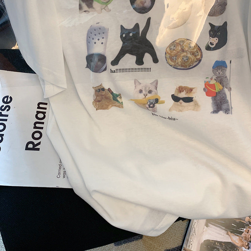 White Cartoon Print Short Sleeve Loose All-match - O Retalho