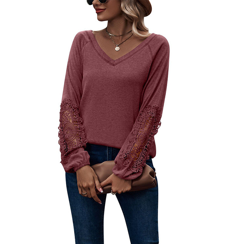 Loose Casual V-neck Lace Lace Long-sleeved - O Retalho