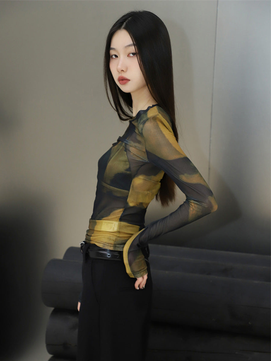 Women's Spaghetti-strap Floral Print Mesh Bottoming Shirt - O Retalho