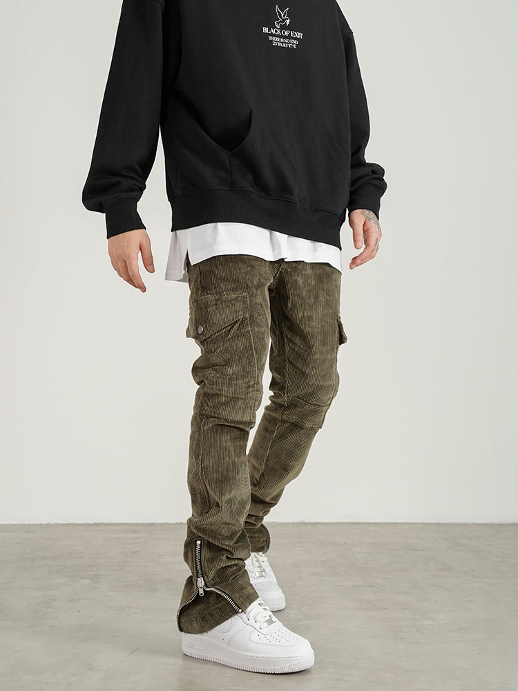 Calças Cargo Slim com Zíper em Corduroy, Estilo Retro Distressed High Street - O Retalho