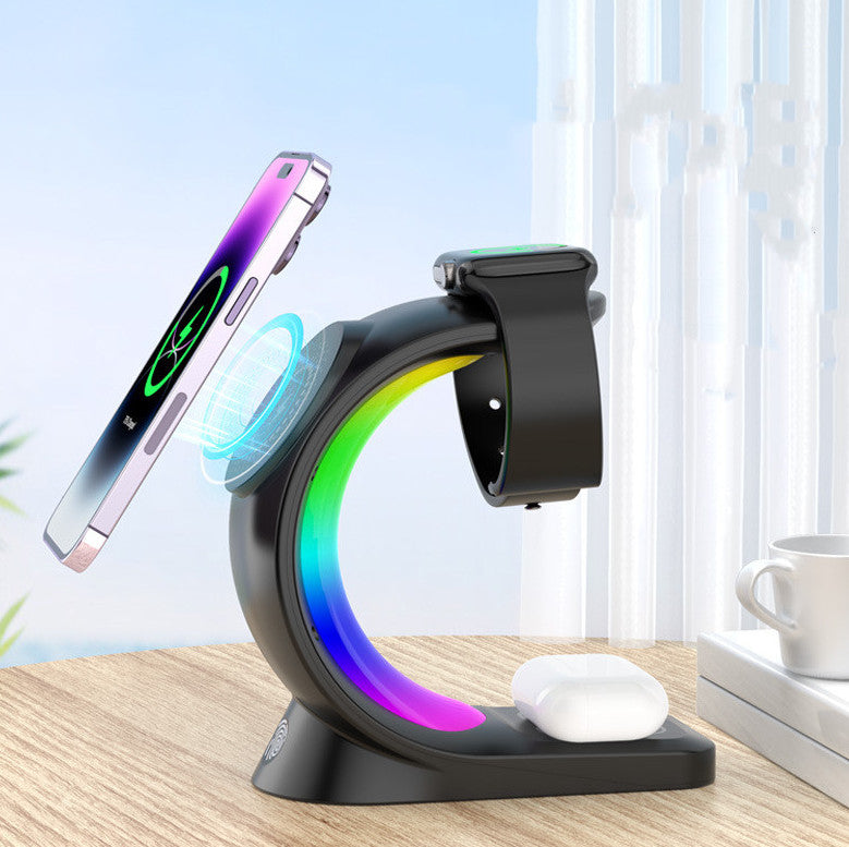 Carregador magnético 4 em 1 sem fio, carregamento rápido para smartphone, estação de carregamento com luz atmosférica para airpods pro, i-phone watch - O Retalho