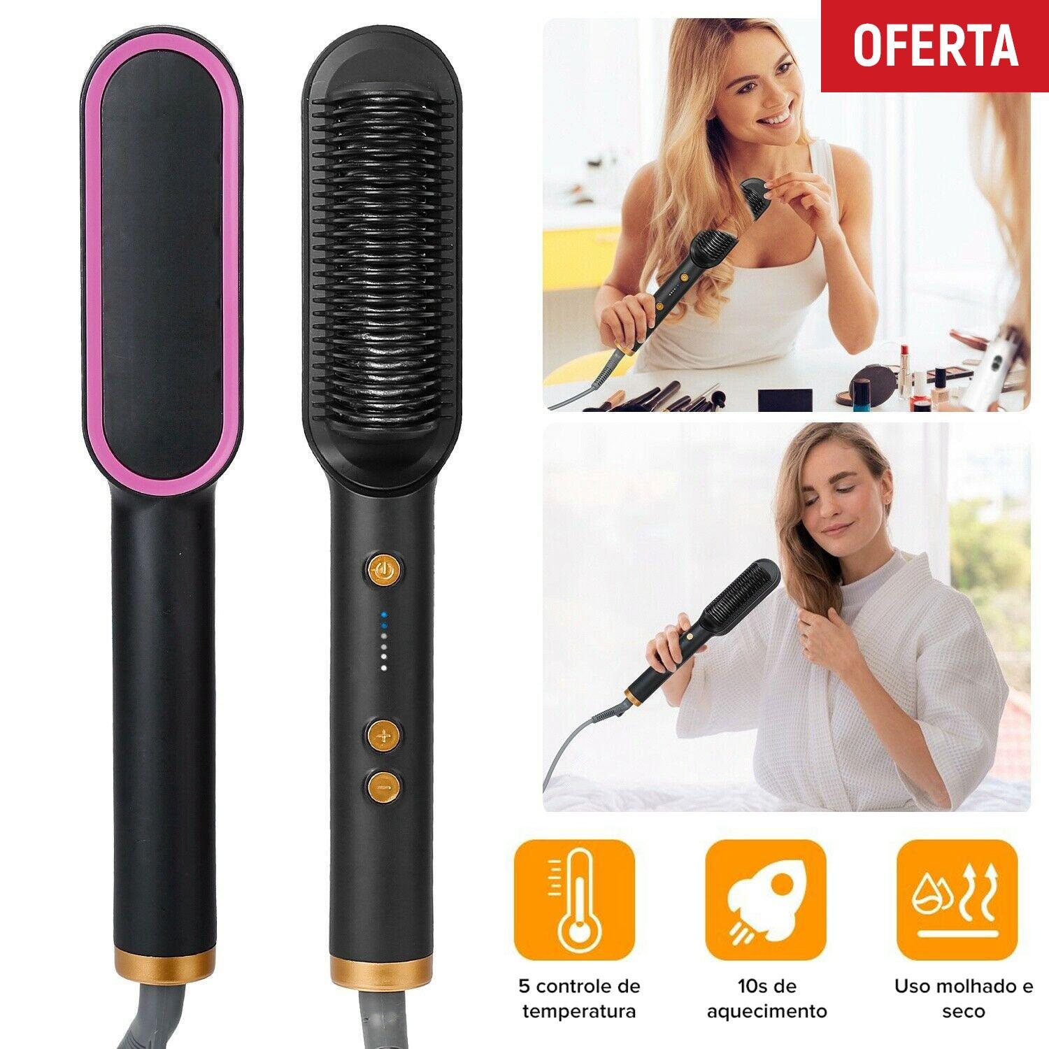 Escova Alisadora de Cabelo Elétrica 2 em 1 Pente Quente Ajuste Calor Encrespador - O Retalho