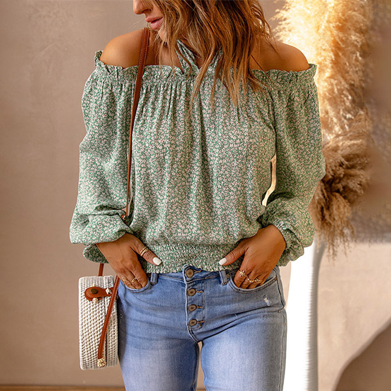 Women's Long-sleeved Floral Strap Off-the-shoulder Top - O Retalho