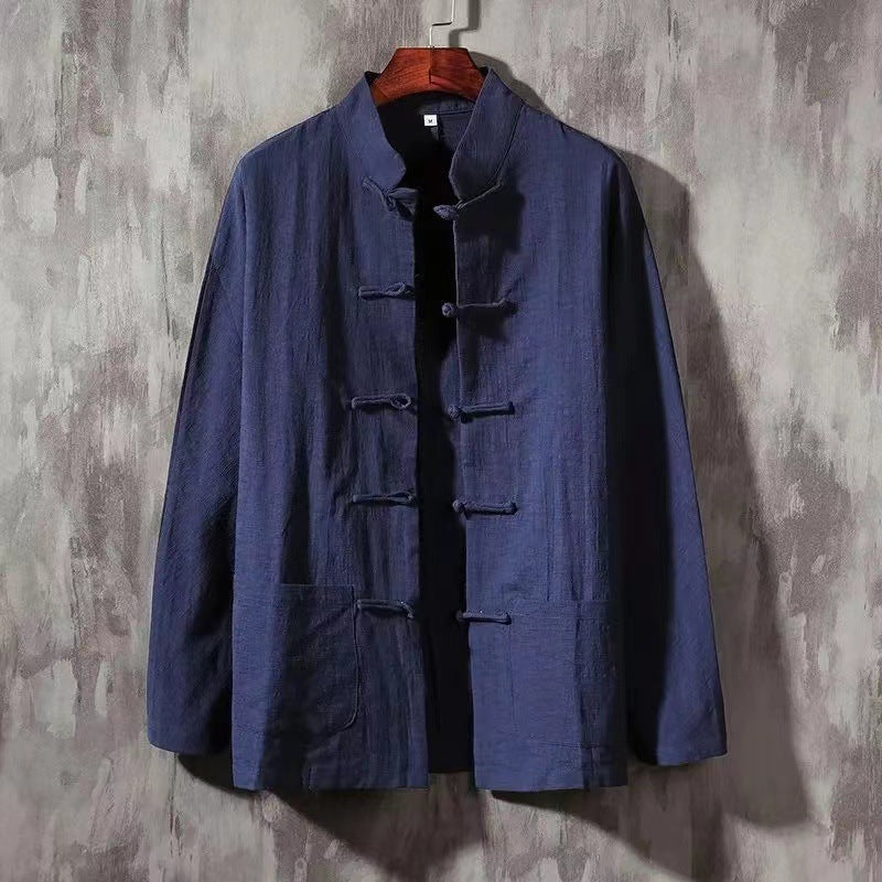 🎲Camisa masculina de manga comprida com fivela retrô de algodão e linho - O Retalho